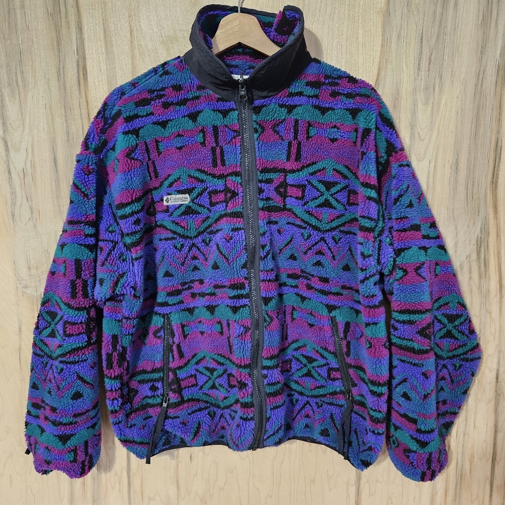 Columbia Vtg 90s Wmns Sz L Aztec Southwestern Deep Pile Fleece Jacket USA Made
